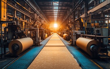 Poster - Industrial machinery in a factory producing highquality paperboard, showcasing the efficiency and technology of paperboard manufacturing
