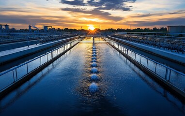 Poster - Industrial water treatment plant illuminated by a vibrant sunrise, showcasing the importance of water treatment and industrial innovation