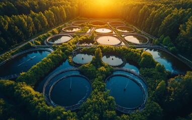 Poster - Industrial water treatment plant illuminated by a vibrant sunrise, showcasing the importance of water treatment and industrial innovation