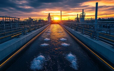 Poster - Industrial water treatment plant illuminated by a vibrant sunrise, showcasing the importance of water treatment and industrial innovation