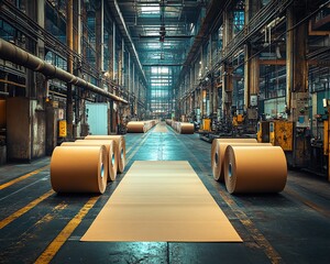 Poster - Inside a paperboard factory, machinery efficiently producing paperboard sheets, illustrating the mechanics of industrial manufacturing