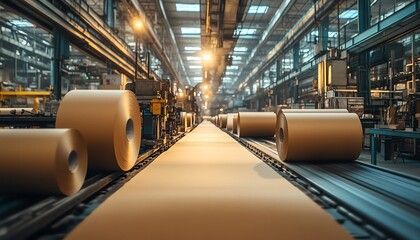 Poster - Inside a paperboard factory, machinery efficiently producing paperboard sheets, illustrating the mechanics of industrial manufacturing