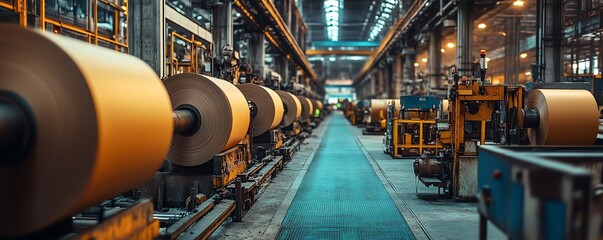 Poster - Sophisticated industrial equipment in a factory setting, focused on the paperboard production process, highlighting the integration of technology