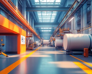 Poster - Vibrant factory setting with large industrial machines producing paperboard, illustrating the scale and technology of modern manufacturing