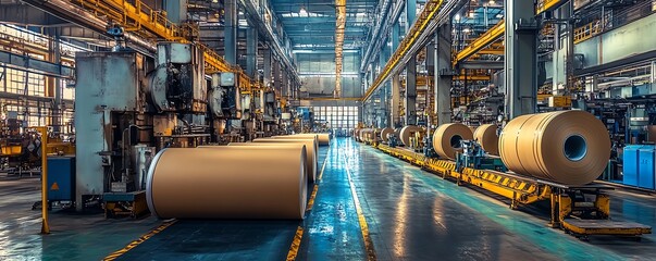 Poster - Vibrant factory setting with large industrial machines producing paperboard, illustrating the scale and technology of modern manufacturing