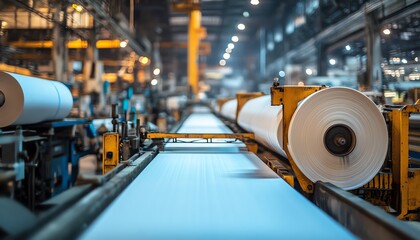 Poster - Closeup view of industrial machinery producing paperboard in a bustling factory, highlighting the intricate details of the manufacturing process