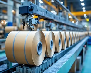 Poster - Closeup view of industrial machinery producing paperboard in a bustling factory, highlighting the intricate details of the manufacturing process