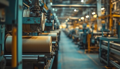 Poster - Closeup view of industrial machinery producing paperboard in a bustling factory, highlighting the intricate details of the manufacturing process