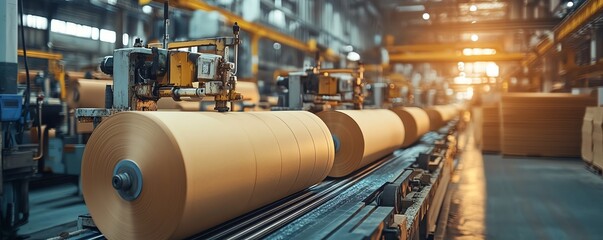 Poster - Detailed view of factory machinery actively producing paperboard, illustrating the technology and processes involved in manufacturing