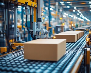 Closeup view of industrial machinery producing paperboard in a bustling factory, highlighting the intricate details of the manufacturing process