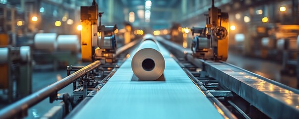 Poster - Detailed view of factory machinery actively producing paperboard, illustrating the technology and processes involved in manufacturing