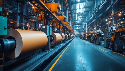 Aufkleber - Dynamic view of a factory floor with advanced machinery producing paperboard, highlighting the innovation in manufacturing technology