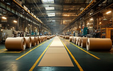 Poster - Paperboard manufacturing facility filled with advanced machinery, illustrating the stepbystep production process in a factory environment