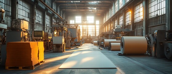 Poster - Paperboard manufacturing facility filled with advanced machinery, illustrating the stepbystep production process in a factory environment