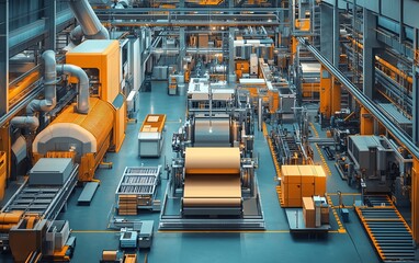 Poster - Paperboard manufacturing facility filled with advanced machinery, illustrating the stepbystep production process in a factory environment