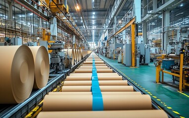 Poster - Paperboard manufacturing facility filled with advanced machinery, illustrating the stepbystep production process in a factory environment