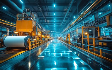 Poster - Sophisticated industrial equipment in a factory setting, focused on the paperboard production process, highlighting the integration of technology