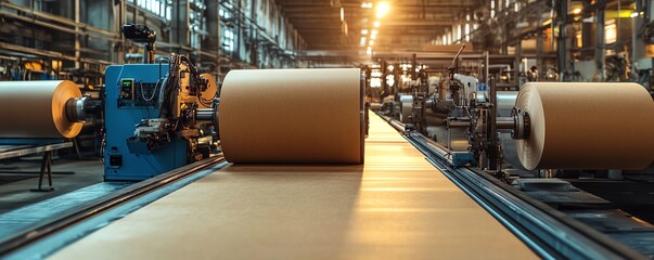 Poster - Sophisticated industrial equipment in a factory setting, focused on the paperboard production process, highlighting the integration of technology