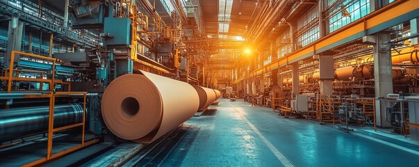 Aufkleber - Sophisticated industrial equipment in a factory setting, focused on the paperboard production process, highlighting the integration of technology