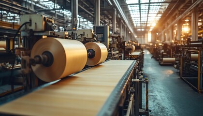 Aufkleber - Sophisticated industrial equipment in a factory setting, focused on the paperboard production process, highlighting the integration of technology