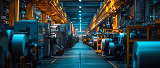 Poster - Vibrant scene of industrial machinery in a paperboard manufacturing facility, highlighting the dynamic process of factory production