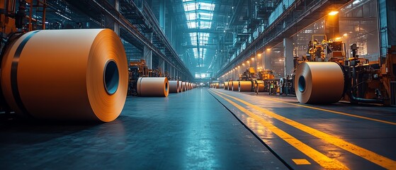 Poster - Vibrant scene of industrial machinery in a paperboard manufacturing facility, highlighting the dynamic process of factory production