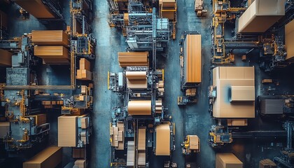 Aufkleber - Aerial view of a paperboard manufacturing facility, showcasing the machinery and factory layout dedicated to efficient production