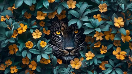 Wall Mural - Black panther hiding in flowers in forest. Wild cat in the jungles. Nature and wildlife conservation concept. Exotic animal. Closeup view