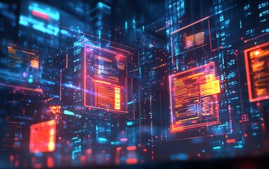 Fototapete - Artistic representation of a hologram showing a document management system with files and bright checkmarks