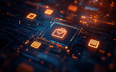 Leinwandbilder - Closeup of a holographic document management system with floating files and illuminated checkmarks