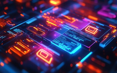 Leinwandbilder - Closeup of a holographic document management system with floating files and illuminated checkmarks