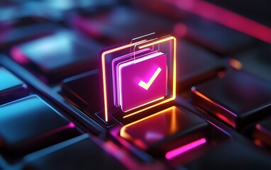 Leinwandbilder - Closeup of a holographic document management system with floating files and illuminated checkmarks