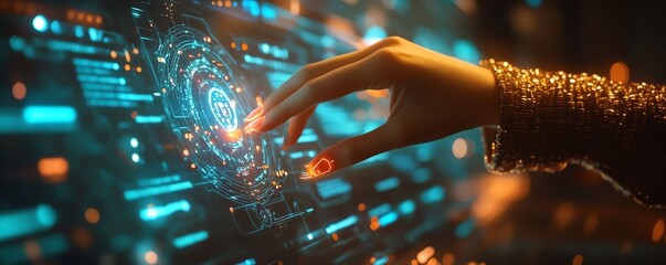 Aufkleber - Closeup of a woman s finger touching holographic AI icons