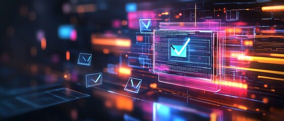Poster - Dynamic image of a holographic document management system with floating files and bright checkmarks