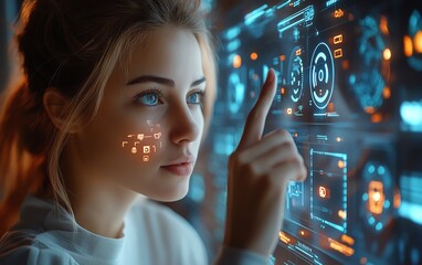 Aufkleber - Dynamic image of a woman using her finger to interact with holographic AI icons