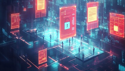 Aufkleber - Dynamic scene of a digital security interface with document icons and prominent checkmarks