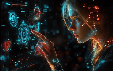 Poster - Dynamic scene of a woman using her finger to touch AI icons in a hologram