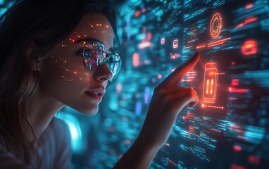Poster - Dynamic scene of a woman using her finger to touch AI icons in a hologram