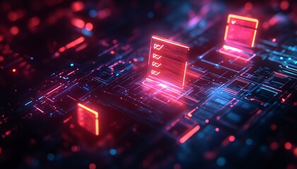 Leinwandbilder - Illustration of a holographic document management system displaying files with glowing checkmarks
