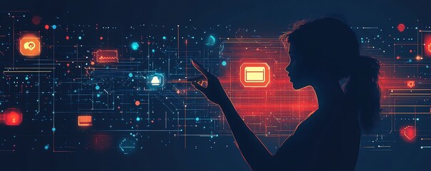 Aufkleber - Illustration of a woman interacting with holographic AI icons