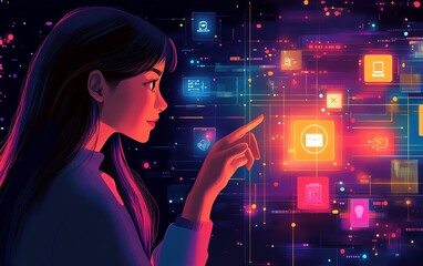 Poster - Illustration of a woman engaging with a holographic display of AI icons