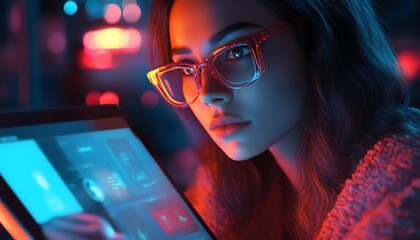 Poster - 3D rendering of a serious woman using a tablet