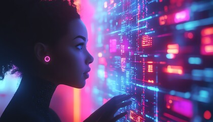 Poster - 3D rendering of a serious woman using a tablet