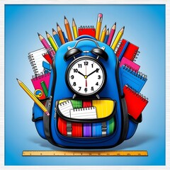 Funny school backpack with alarm clock and school supplies. Back to school concept on blue background with space for writing text. 3D rendering. 3D illustration. White background.