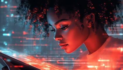 Poster - Closeup illustration of a serious woman focused on her tablet