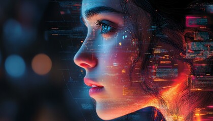 Poster - Closeup illustration of a serious woman focused on her tablet