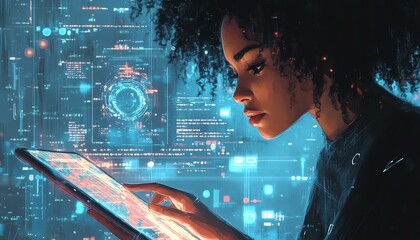 Poster - Closeup illustration of a serious woman focused on her tablet