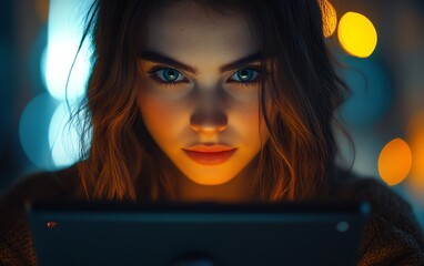 Poster - Closeup scene of a serious woman using a tablet