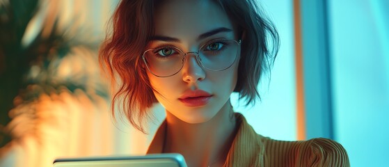 Poster - Dynamic scene featuring a serious woman using a tablet