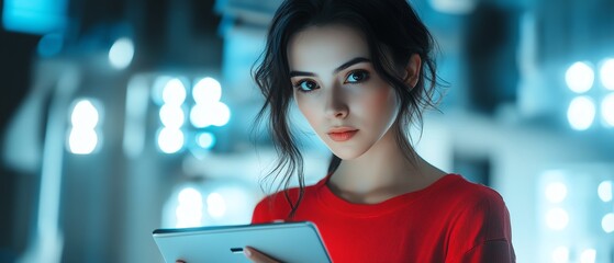Poster - Dynamic scene featuring a serious woman using a tablet